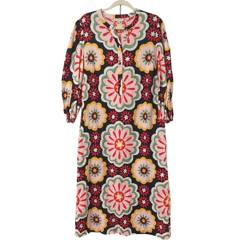 Boden Evie Dress 100% Linen Flower Print Midi Long Sleeve Pockets size 12